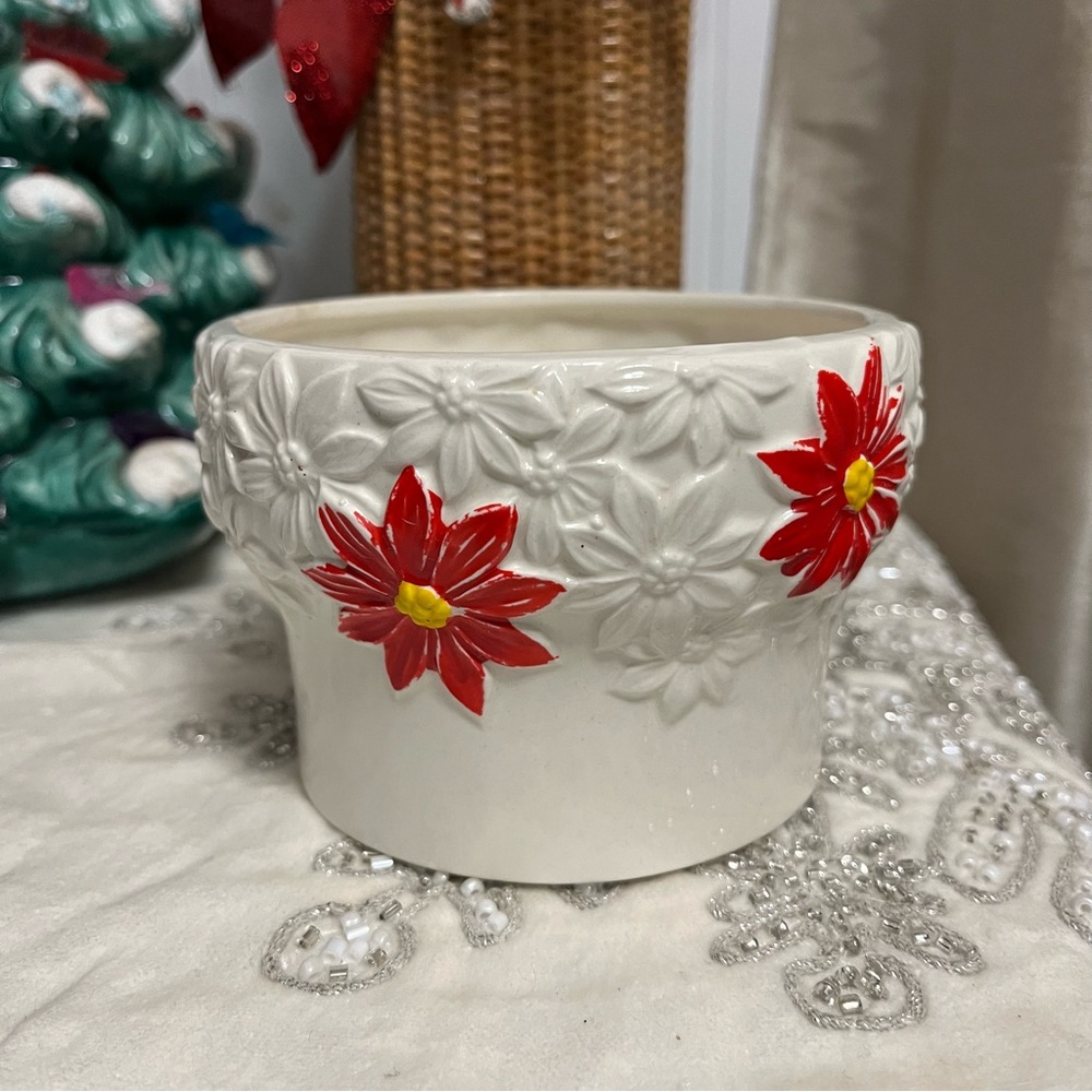 Vintage Relpo Japan Christmas Poinsettia Flower Pot Ceramic Red White Bowl Plant